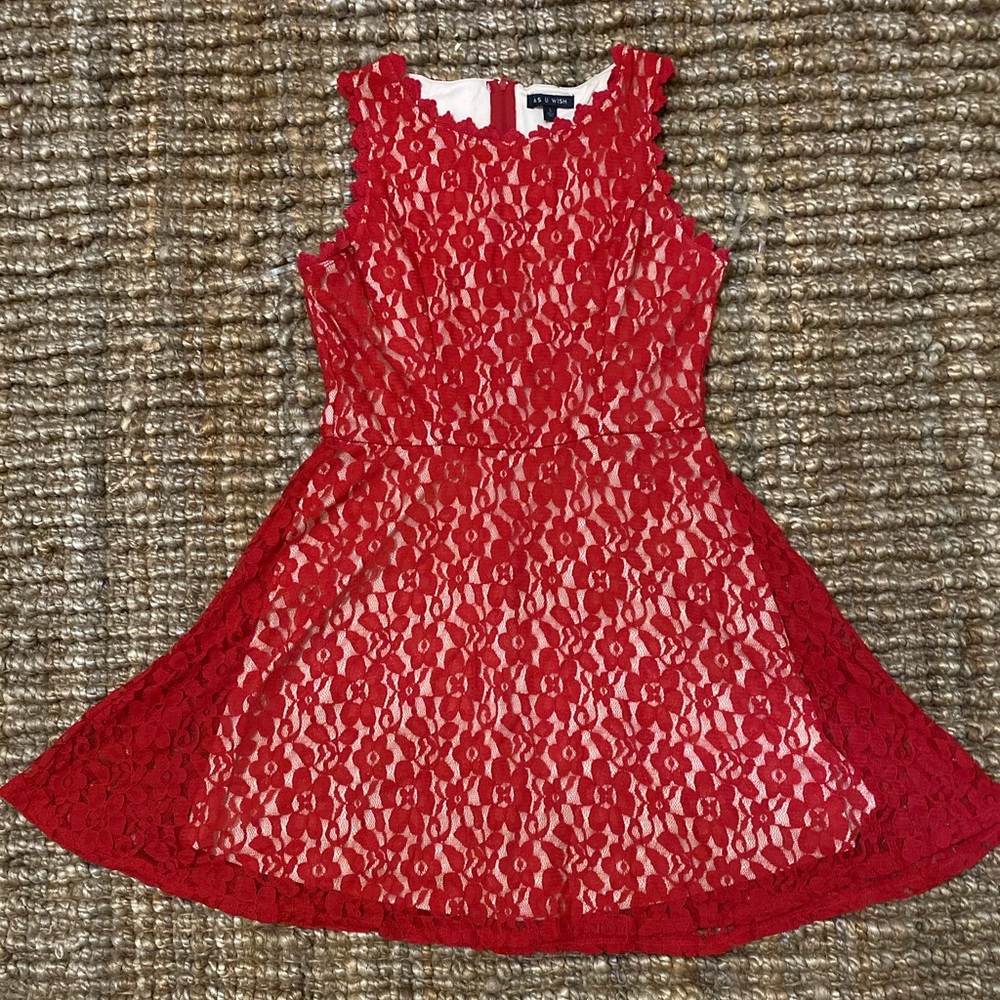 Sleeve-less Red Floral Lace Dress ♥️